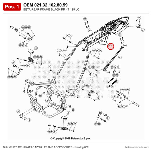 BETA REAR FRAME BLACK RR 4T 125 LC – OEM 021.32.102.80.59, position 1 on the Beta WHITE RR 125 4T LC MY20 frame accessories drawing
