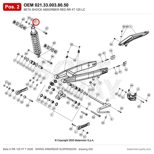 BETA SHOCK ABSORBER RED RR 4T 125 LC – OEM 021.33.003.80.50, position 2 on the Beta X RR 125 4T T 2026 swing arm/rear suspension drawing