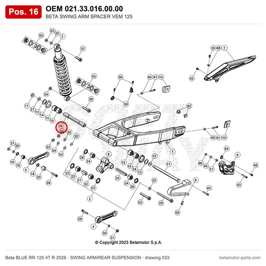 BETA SWING ARM SPACER VEM 125 – OEM 021.33.016.00.00, position 16 on the Beta BLUE RR 125 4T R 2026 swing arm/rear suspension drawing
