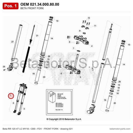 BETA FRONT FORK – OEM 021.34.000.80.00, position 1 on the Beta RR 125 4T LC MY18 - CBS - FDV front fork drawing