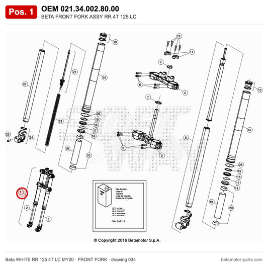 BETA FRONT FORK ASSY RR 4T 125 LC – OEM 021.34.002.80.00, position 1 on the Beta WHITE RR 125 4T LC MY20 front fork drawing