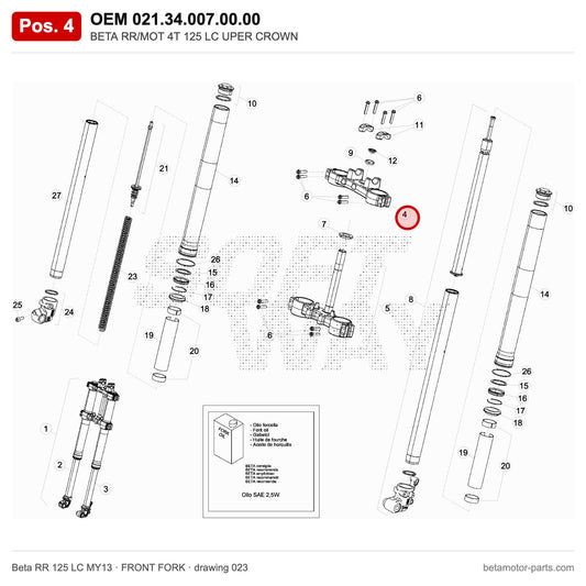 BETA RR/MOT 4T 125 LC UPER CROWN – OEM 021.34.007.00.00, position 4 on the Beta RR 125 LC MY13 front fork drawing