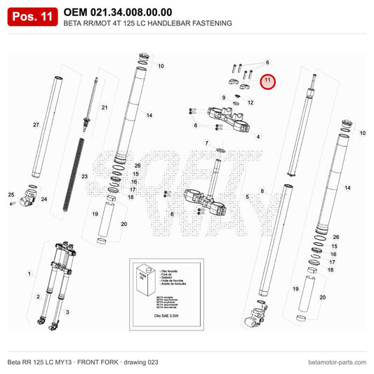 BETA RR/MOT 4T 125 LC HANDLEBAR FASTENING – OEM 021.34.008.00.00, position 11 on the Beta RR 125 LC MY13 front fork drawing