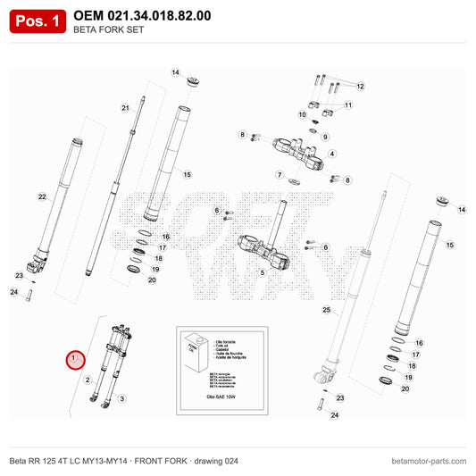 BETA FORK SET – OEM 021.34.018.82.00, position 1 on the Beta RR 125 4T LC MY13-MY14 front fork drawing