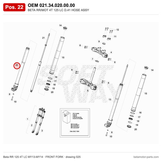 BETA RR/MOT 4T 125 LC D.41 HOSE ASSY – OEM 021.34.020.00.00, position 22 on the Beta RR 125 4T LC MY13-MY14 front fork drawing