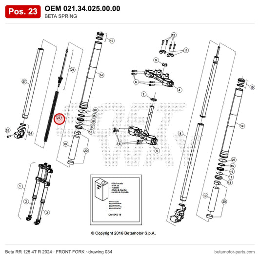 BETA SPRING – OEM 021.34.025.00.00, position 23 on the Beta RR 125 4T R 2024 front fork drawing