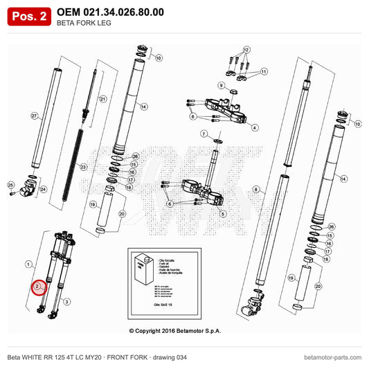BETA FORK LEG – OEM 021.34.026.80.00, position 2 on the Beta WHITE RR 125 4T LC MY20 front fork drawing