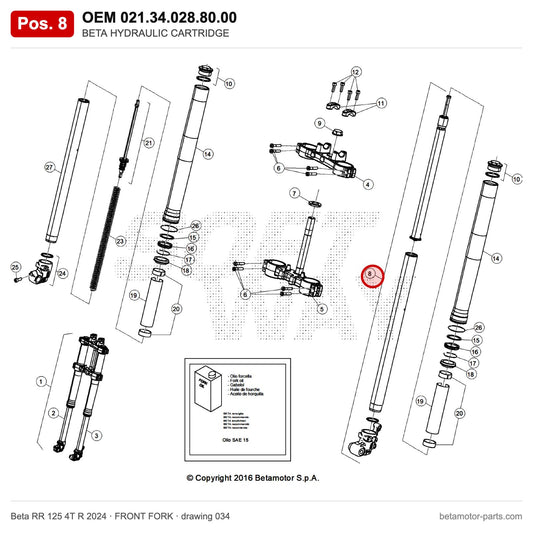 BETA HYDRAULIC CARTRIDGE – OEM 021.34.028.80.00, position 8 on the Beta RR 125 4T R 2024 front fork drawing
