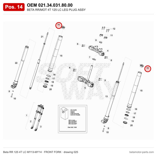 BETA RR/MOT 4T 125 LC LEG PLUG ASSY – OEM 021.34.031.80.00, position 14 on the Beta RR 125 4T LC MY13-MY14 front fork drawing