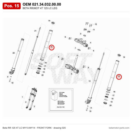 BETA RR/MOT 4T 125 LC LEG – OEM 021.34.032.00.00, position 15 on the Beta RR 125 4T LC MY13-MY14 front fork drawing