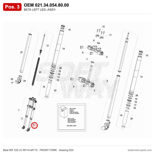 BETA LEFT LEG -ASSY- – OEM 021.34.054.80.00, position 3 on the Beta RR 125 LC MY14-MY15 front fork drawing
