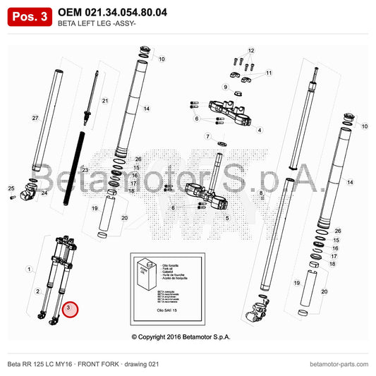 BETA LEFT LEG -ASSY- – OEM 021.34.054.80.04, position 3 on the Beta RR 125 LC MY16 front fork drawing