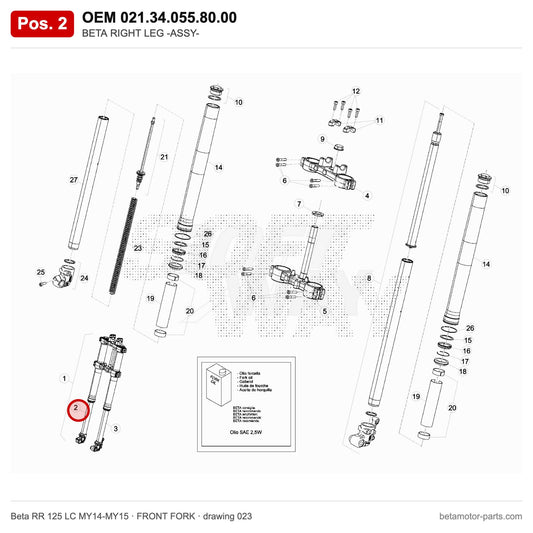 BETA RIGHT LEG -ASSY- – OEM 021.34.055.80.00, position 2 on the Beta RR 125 LC MY14-MY15 front fork drawing