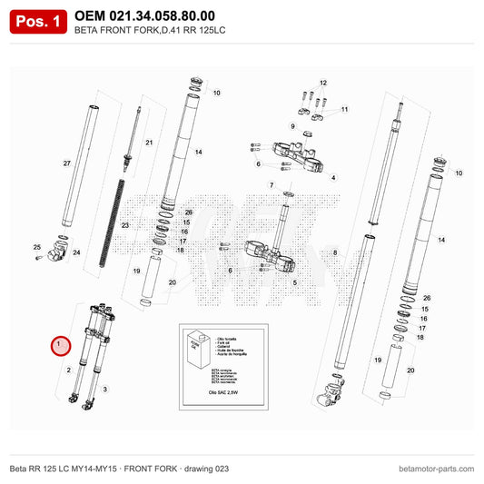 BETA FRONT FORK,D.41 RR 125LC – OEM 021.34.058.80.00, position 1 on the Beta RR 125 LC MY14-MY15 front fork drawing