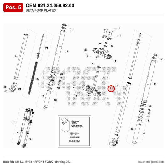 BETA FORK PLATES – OEM 021.34.059.82.00, position 5 on the Beta RR 125 LC MY13 front fork drawing