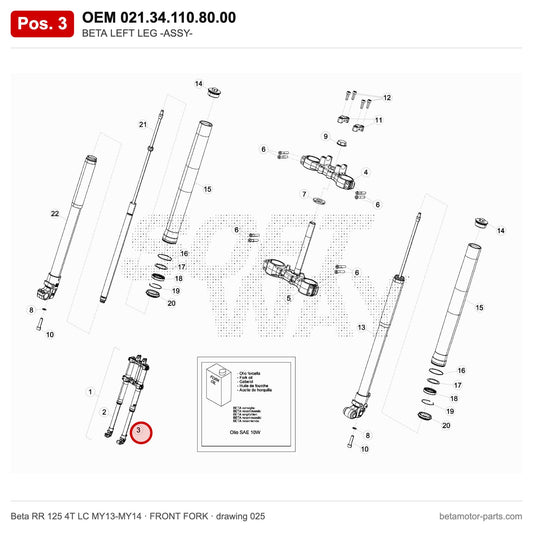 BETA LEFT LEG -ASSY- – OEM 021.34.110.80.00, position 3 on the Beta RR 125 4T LC MY13-MY14 front fork drawing
