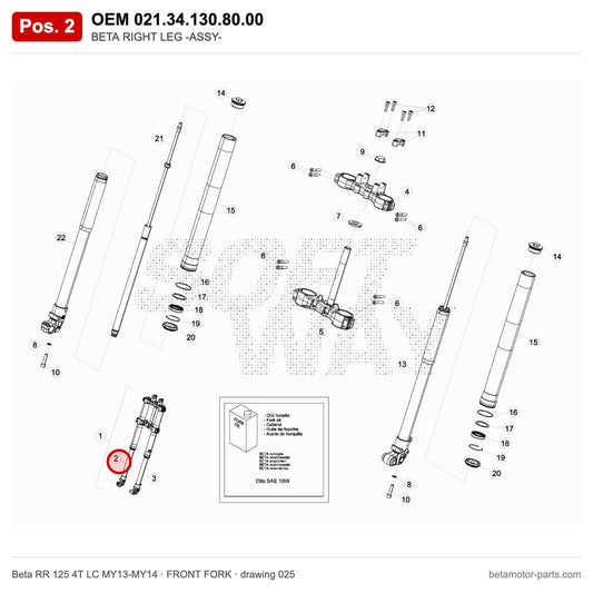 BETA RIGHT LEG -ASSY- – OEM 021.34.130.80.00, position 2 on the Beta RR 125 4T LC MY13-MY14 front fork drawing