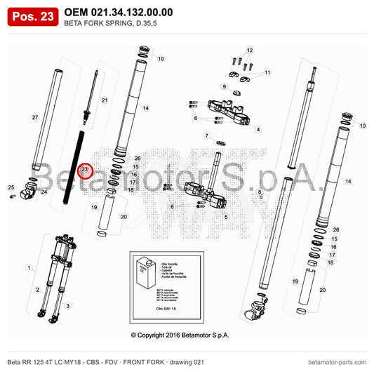 BETA FORK SPRING, D.35,5 – OEM 021.34.132.00.00, position 23 on the Beta RR 125 4T LC MY18 - CBS - FDV front fork drawing