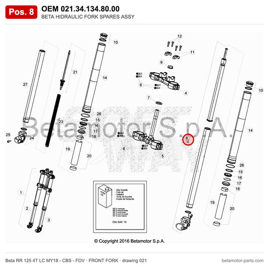 BETA HIDRAULIC FORK SPARES ASSY – OEM 021.34.134.80.00, position 8 on the Beta RR 125 4T LC MY18 - CBS - FDV front fork drawing