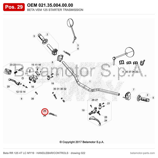 BETA VEM 125 STARTER TRASMISSION – OEM 021.35.004.00.00, position 29 on the Beta RR 125 4T LC MY19 handlebar/controls drawing
