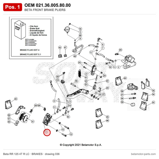 BETA FRONT BRAKE PLIERS – OEM 021.36.005.80.00, position 1 on the Beta RR 125 4T R LC brakes drawing