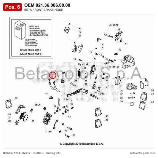 BETA FRONT BRAKE HOSE – OEM 021.36.006.00.00, position 6 on the Beta RR 125 LC MY17 brakes drawing