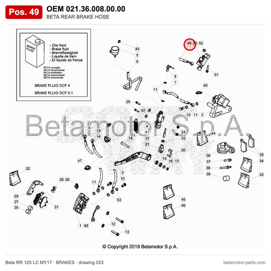 BETA REAR BRAKE HOSE – OEM 021.36.008.00.00, position 49 on the Beta RR 125 LC MY17 brakes drawing