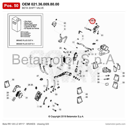 BETA SHIFT VALVE – OEM 021.36.009.80.00, position 50 on the Beta RR 125 LC MY17 brakes drawing