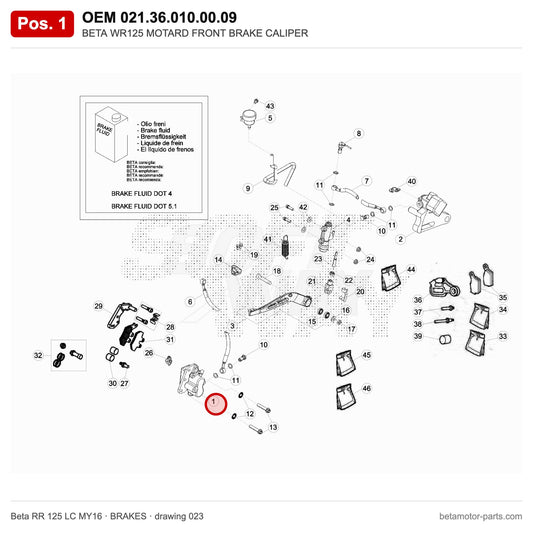 BETA WR125 MOTARD FRONT BRAKE CALIPER – OEM 021.36.010.00.09, position 1 on the Beta RR 125 LC MY16 brakes drawing