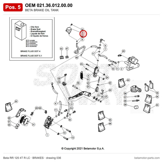 BETA BRAKE OIL TANK – OEM 021.36.012.00.00, position 5 on the Beta RR 125 4T R LC brakes drawing