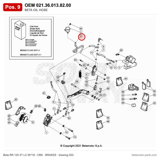BETA OIL HOSE – OEM 021.36.013.82.00, position 9 on the Beta RR 125 4T LC MY18 - CBS brakes drawing
