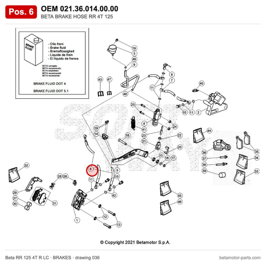 BETA BRAKE HOSE RR 4T 125 – OEM 021.36.014.00.00, position 6 on the Beta RR 125 4T R LC brakes drawing