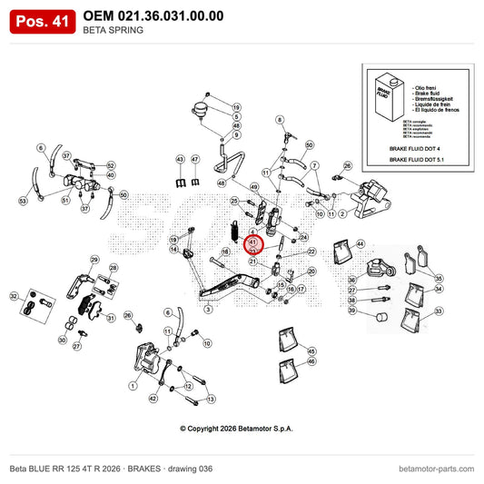 BETA SPRING – OEM 021.36.031.00.00, position 41 on the Beta BLUE RR 125 4T R 2026 brakes drawing