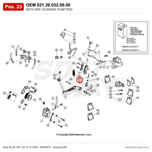 BETA VEM 125 BRAKE PUMP ROD – OEM 021.36.032.00.00, position 23 on the Beta BLUE RR 125 4T R 2026 brakes drawing
