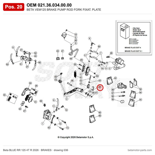 BETA VEM125 BRAKE PUMP ROD FORK FIXAT. PLATE – OEM 021.36.034.00.00, position 20 on the Beta BLUE RR 125 4T R 2026 brakes drawing