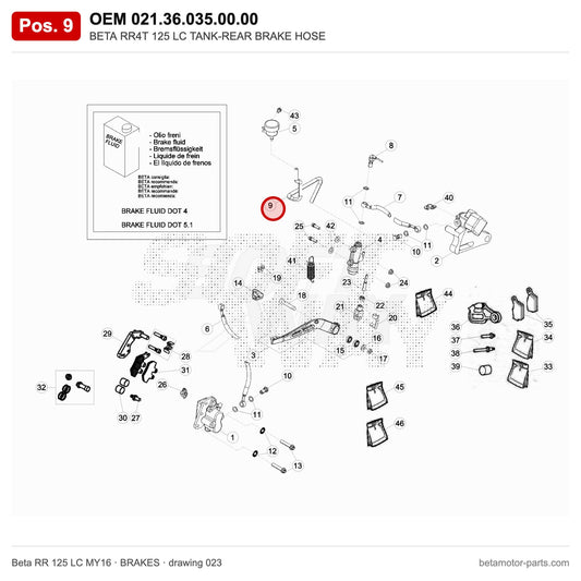 BETA RR4T 125 LC TANK-REAR BRAKE HOSE – OEM 021.36.035.00.00, position 9 on the Beta RR 125 LC MY16 brakes drawing