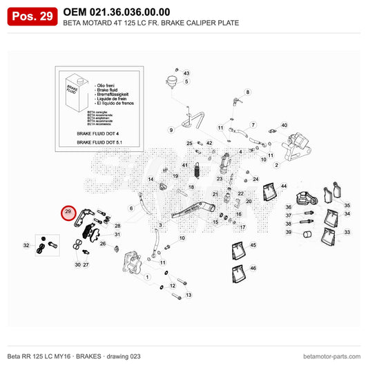 BETA MOTARD 4T 125 LC FR. BRAKE CALIPER PLATE – OEM 021.36.036.00.00, position 29 on the Beta RR 125 LC MY16 brakes drawing