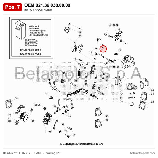 BETA BRAKE HOSE – OEM 021.36.038.00.00, position 7 on the Beta RR 125 LC MY17 brakes drawing