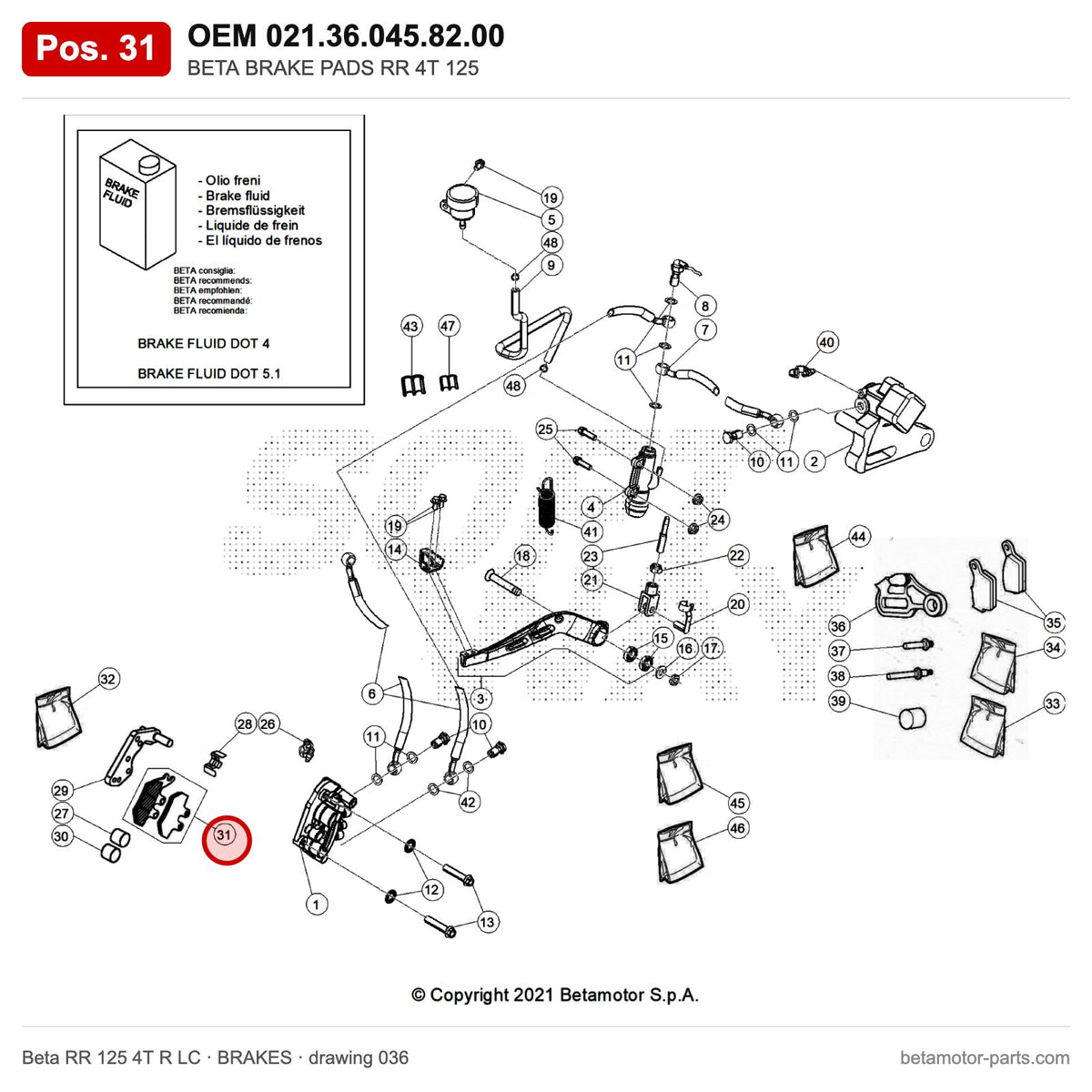 BETA BRAKE PADS RR 4T 125 – OEM 021.36.045.82.00, position 31 on the Beta RR 125 4T R LC brakes drawing