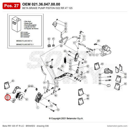 BETA BRAKE PUMP PISTON D22 RR 4T 125 – OEM 021.36.047.00.00, position 27 on the Beta RR 125 4T R LC brakes drawing