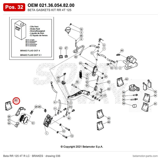 BETA GASKETS KIT RR 4T 125 – OEM 021.36.054.82.00, position 32 on the Beta RR 125 4T R LC brakes drawing