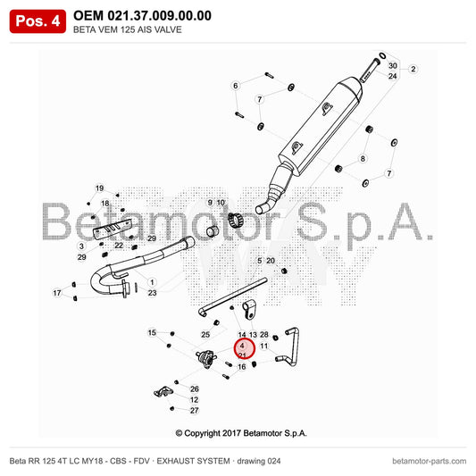 BETA VEM 125 AIS VALVE – OEM 021.37.009.00.00, position 4 on the Beta RR 125 4T LC MY18 - CBS - FDV exhaust system drawing