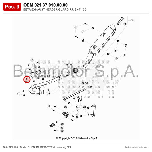 BETA EXHAUST HEADER GUARD RR-S 4T 125 – OEM 021.37.010.00.00, position 3 on the Beta RR 125 LC MY16 exhaust system drawing