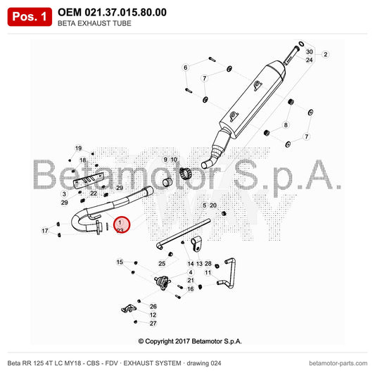 BETA EXHAUST TUBE – OEM 021.37.015.80.00, position 1 on the Beta RR 125 4T LC MY18 - CBS - FDV exhaust system drawing