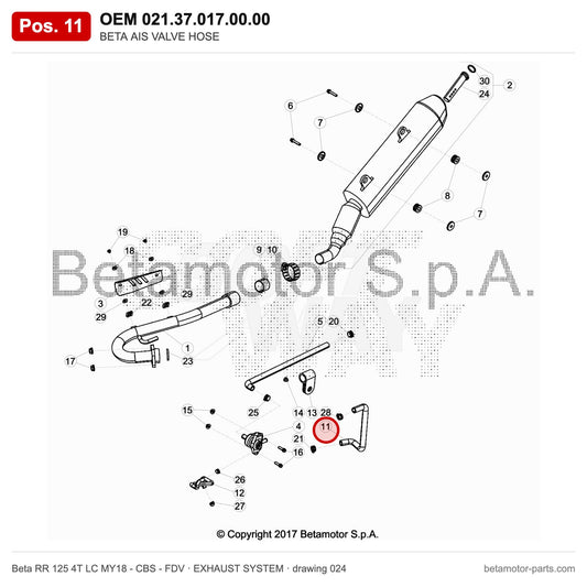 BETA AIS VALVE HOSE – OEM 021.37.017.00.00, position 11 on the Beta RR 125 4T LC MY18 - CBS - FDV exhaust system drawing