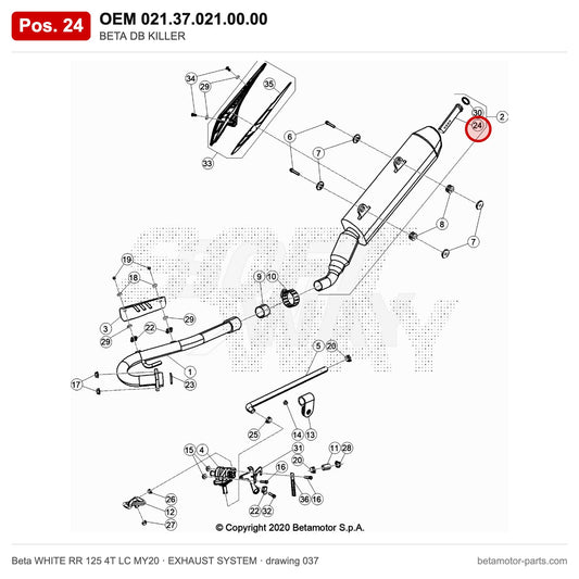 BETA DB KILLER – OEM 021.37.021.00.00, position 24 on the Beta WHITE RR 125 4T LC MY20 exhaust system drawing