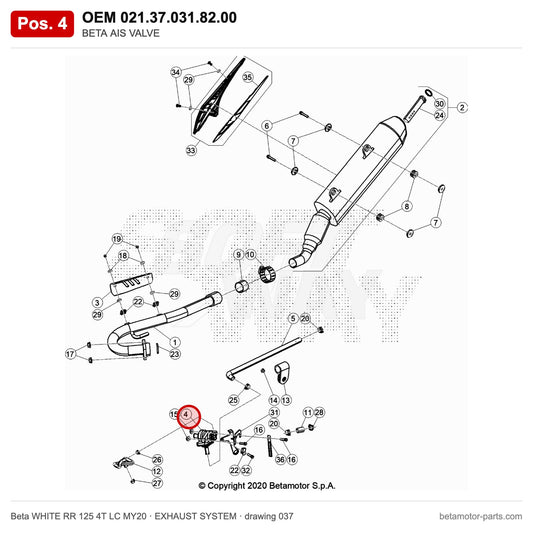 BETA AIS VALVE – OEM 021.37.031.82.00, position 4 on the Beta WHITE RR 125 4T LC MY20 exhaust system drawing
