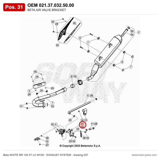 BETA AIR VALVE BRACKET – OEM 021.37.032.50.00, position 31 on the Beta WHITE RR 125 4T LC MY20 exhaust system drawing
