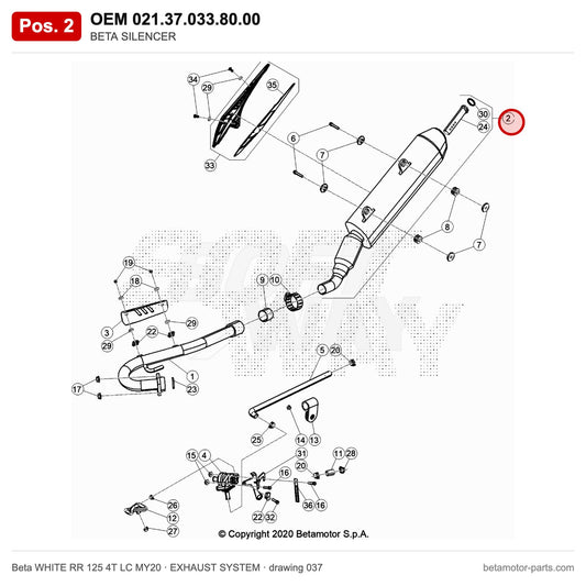 BETA SILENCER – OEM 021.37.033.80.00, position 2 on the Beta WHITE RR 125 4T LC MY20 exhaust system drawing