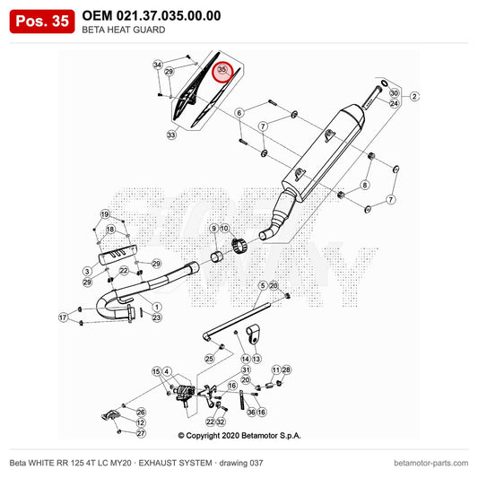 BETA HEAT GUARD – OEM 021.37.035.00.00, position 35 on the Beta WHITE RR 125 4T LC MY20 exhaust system drawing
